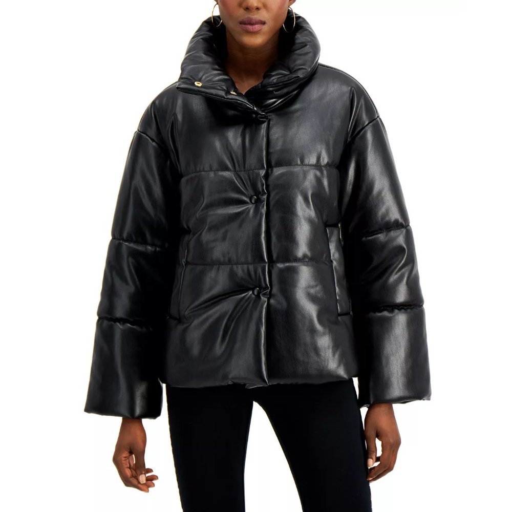 NWT INC Women's Leather Puffer Jacket Black - Size L